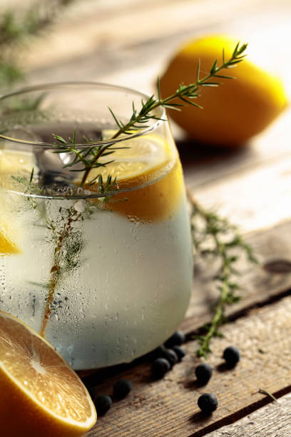 istock Alcohol drink (gin tonic cocktail) with lemon, juniper branch, and ice on rustic wooden table. 1331447181