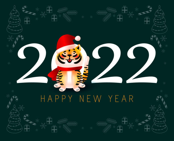 istock 2022 new year symbol tiger with Santa hat. Vector cartoon cute character illustration icon. Winter background. Tiger symbol of new year 2022 character concept. Happy new year. Cute happy funny 2022 new year symbol tiger and numbers 1331448556
