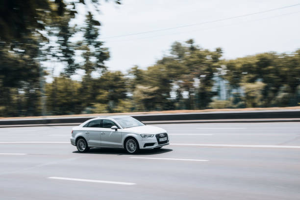 Ukraine, Kyiv - 27 June 2021: Silver Audi A3 car moving on the street. Editorial