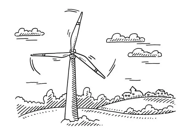 Vector illustration of Wind Turbine In Rural Landscape Drawing