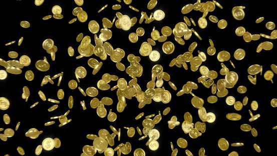 Explosion moment of gold coins with dollar sign on black background 3D rendering