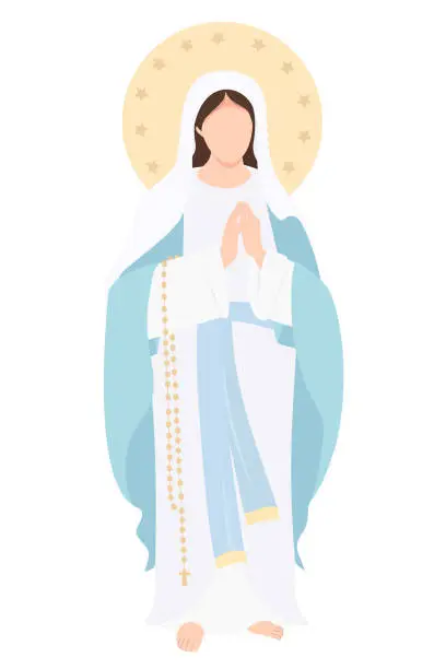 Vector illustration of Most Holy Theotokos the Queen of Heaven. The Virgin Mary stands with her hands folded and prays meekly. Vector illustration for Christian and Catholic communities, design, decor of religious holidays