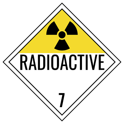 Radioactive Class 7 Placard sign. White, yellow background warning label. Symbols safety for hospitals and medical businesses.