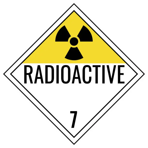 Vector illustration of Radioactive Class 7 Placard sign. White, yellow background warning label. Symbols safety for hospitals and medical businesses.