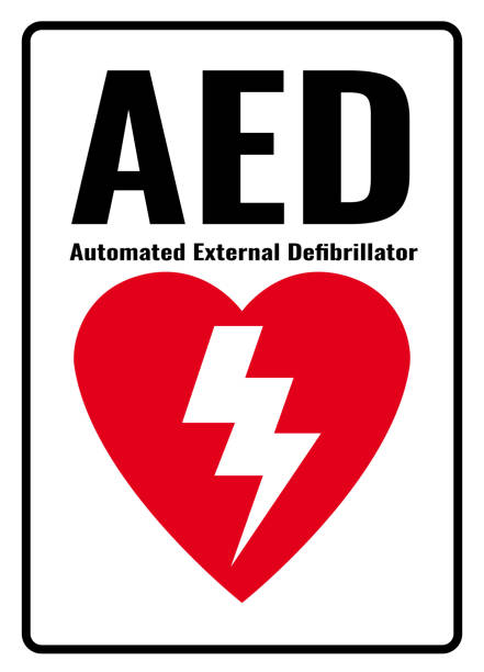 stockillustraties, clipart, cartoons en iconen met aed sign. white background warning label. automated external defibrillator. symbols safety for hospitals and medical businesses. - defibrillator