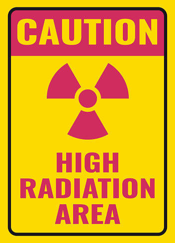 Caution high radiation area sign. Yellow background warning label. Symbols safety for hospitals and medical businesses.
