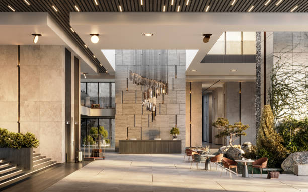 3d render of a luxurious hotel reception area