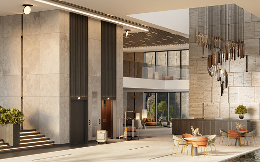 Hotel reception 3d rendering. Luxurious hotel lobby interior.