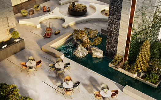 Digitally generated image of the luxurious hotel lobby from high angle view. Interior of a beautifully decorated hotel waiting lounge with small tables and chairs, with small water canal.