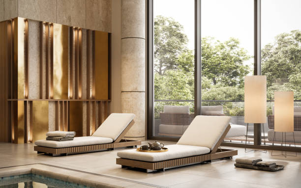 3d-рендеринг крытого бассейна отеля lavish - swimming pool luxury contemporary deck chair стоковые фото и изображения