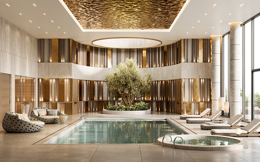 Renderizado 3D de la piscina de un hotel de lujo photo