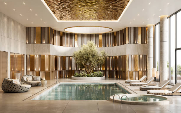 3d render of a luxury hotel swimming pool - luxe stockfoto's en -beelden