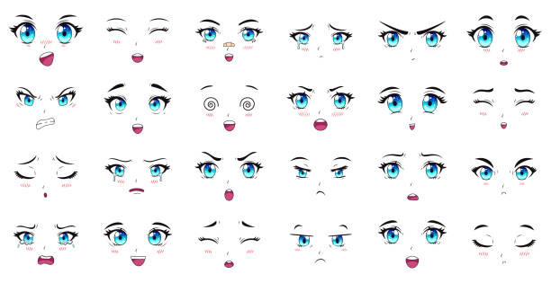 мультяшные персонажи аниме с выражением глаз, бровей и рта. женские персонажи манги сталкиваются с набором векторных иллюстраций. аниме ма� - crying grimacing facial expression human face stock illustrations