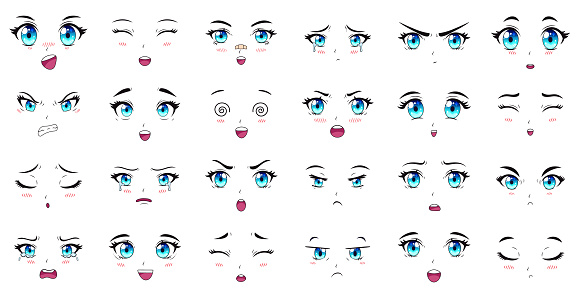 Cartoon anime characters eyes, eyebrows and mouth expressions. Manga female characters faces vector illustration set. Anime manga girls expressions characters, cartoon face emotion