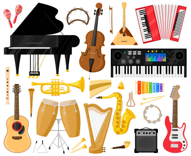 istock Musical instruments. Cartoon music band instruments, piano, drums, harp and synthesiser vector symbols set. Orchestra or classical music instrument 1331466754