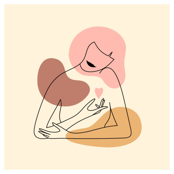 Vector linear style illustration of minimalist female portrait of woman holding heart in hand Vector minimalist portrait of woman holding heart in hand. Female silhouette in simple trendy linear style. Self, body care, love poster. Color abstract shapes, modern art, beauty fashion illustration silhouette lounge stock illustrations