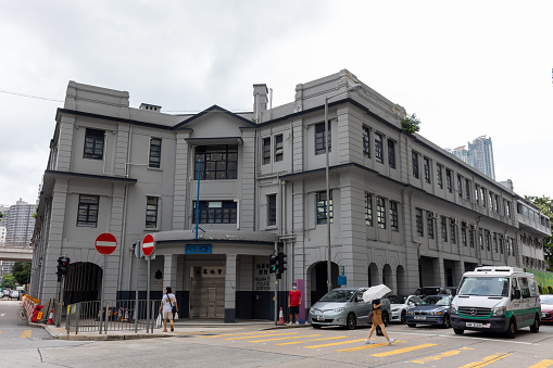Hong Kong - July 30, 2021 : General view of the Yau Ma Tei Police Station in Kowloon, Hong Kong. Yau Ma Tei Police Station was built in 1922.