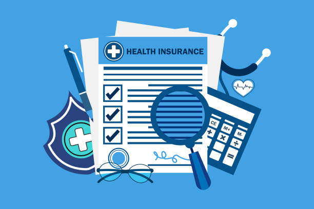 Health insurance form. Medical research report of patient, healthcare clinic document. Personal safety concept USA, India, Healthcare And Medicine, Application Form, Charity Benefit ,Life Insurance, Shield, Claim Form, Insurance benefits stock illustrations