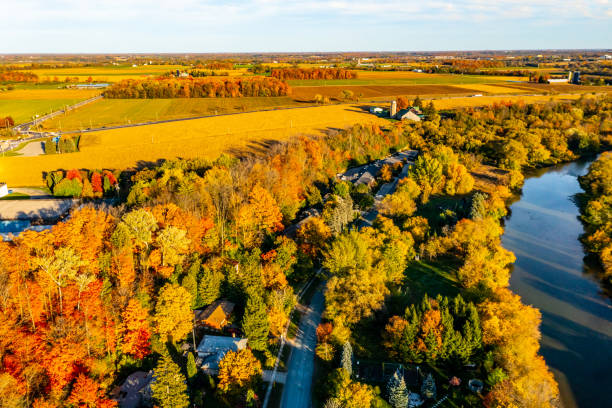 istock Aerial Railway Bridge and Conestogo River at dusk, St. Jacobs, Canada 1331476755