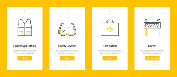 Work Safety Concept Onboarding Mobile App Page Screen with Icons. UX, UI Design Template Vector Illustration