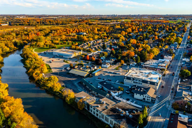 istock Aerial Railway Bridge and Conestogo River at dusk, St. Jacobs, Canada 1331476822