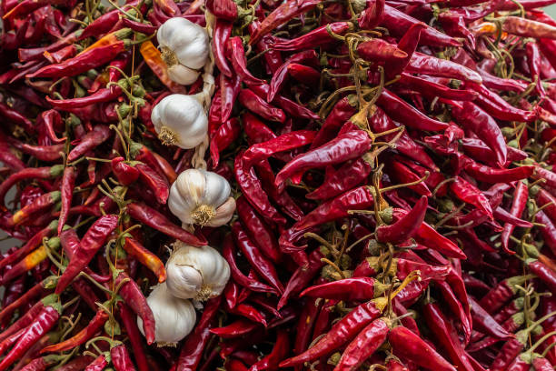 garlic and chili peppers red garland drying vegetables decor culinary