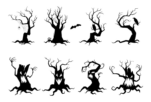 Set simple spooky silhouettes tree vector flat illustration. Collection of monochrome evil curled plants with spider web, owl, raven, bat isolated on white. Fear mythical woods with branches and roots