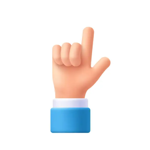 Vector illustration of Cartoon character hand pointing gesture. Show one finger, index finger. Indicating, showing something above. 3d emoji vector illustration.