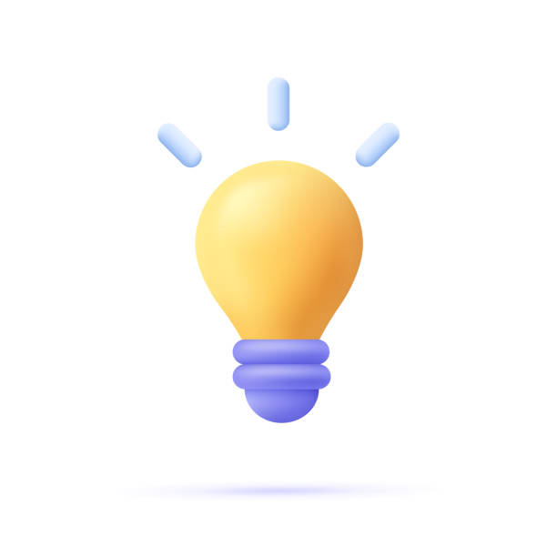 3d-cartoon-stil minimale gelbe glühbirne symbol. idee, lösung, geschäft, strategiekonzept. - glühbirne stock-grafiken, -clipart, -cartoons und -symbole