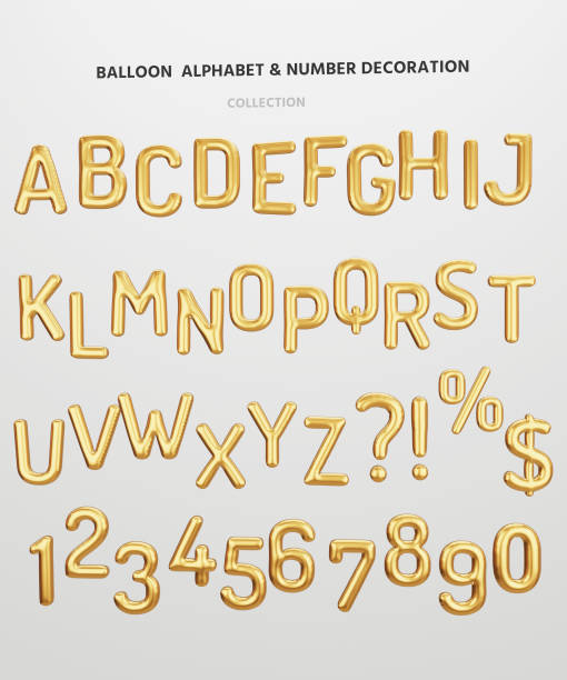 isolieren sie metallische goldene englische alphabet buchstaben und zahlen ballon auf weißem hintergrund für die dekoration frohe weihnachten, frohe neujahr, valentinstag und geburtstag feier party durch 3d-rendering. - text balloons stock-fotos und bilder