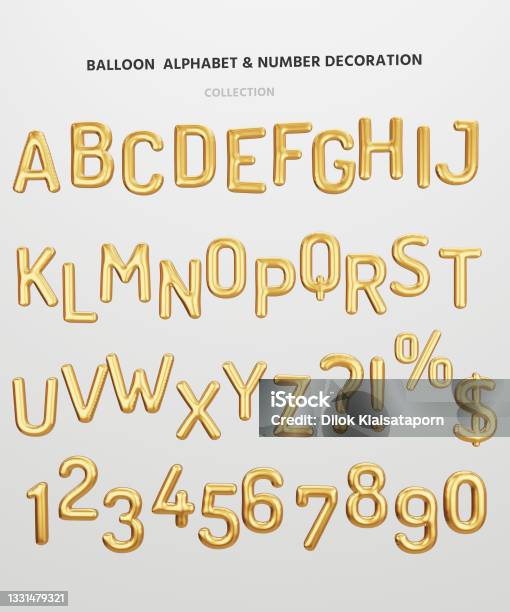 Isolate Metallic Golden English Alphabet Letter And Number Balloon On White Background For Decorate Merry Christmas Happy New Year Valentines Day And Birthday Cerebration Party By 3d Rendering Stock Photo - Download Image Now
