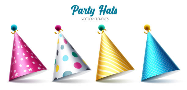 шляпы для празднования дня рождения векторный набор. красочные элементы шляпы выделены на белом фоне для украшения празднующего дня рожде� - hat conical stock illustrations