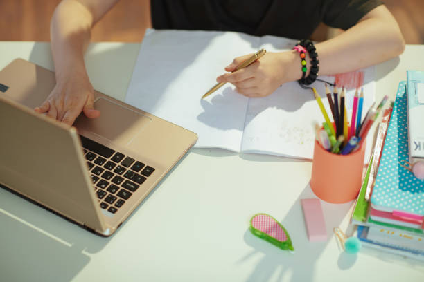 Modern pupil having online education at home in sunny day