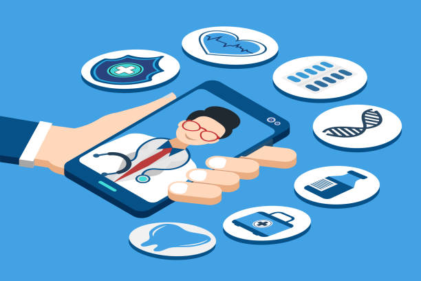 ilustraciones, imágenes clip art, dibujos animados e iconos de stock de aplicación para teléfonos inteligentes que se comunica con un médico profesional en línea - healthcare and medicine doctor isometric choice