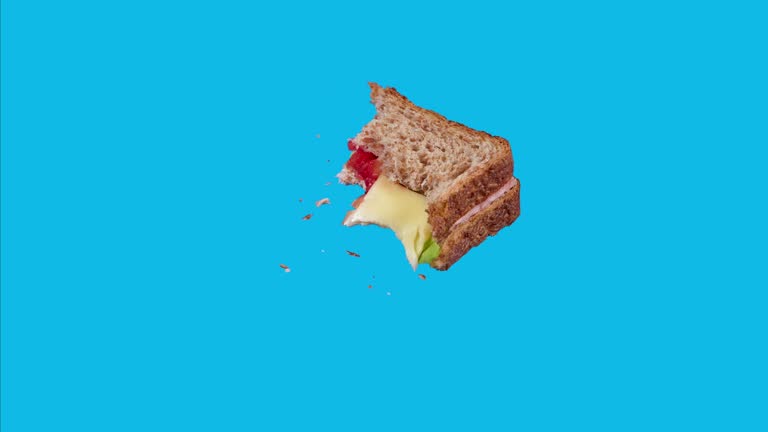 Stop motion animation of a tasty sandwich stuffed and eaten in blue background