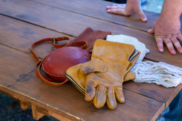 istock set of hunter accessories leather jar round and gloves folded on the table 1331482525