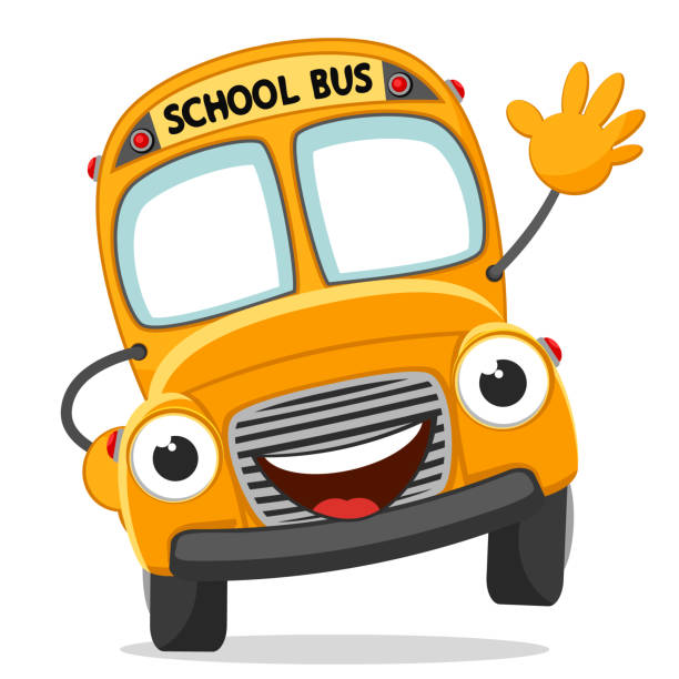 School bus waving hand. Character yellow bus School bus waving hand on a white background. Character yellow bus school bus stock illustrations