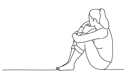 Sad woman sitting on the floor and thinking. Hand drawn vector illustration. Black and white.