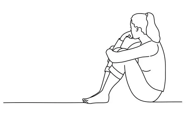 Vector illustration of Sad woman sitting on the floor and thinking.