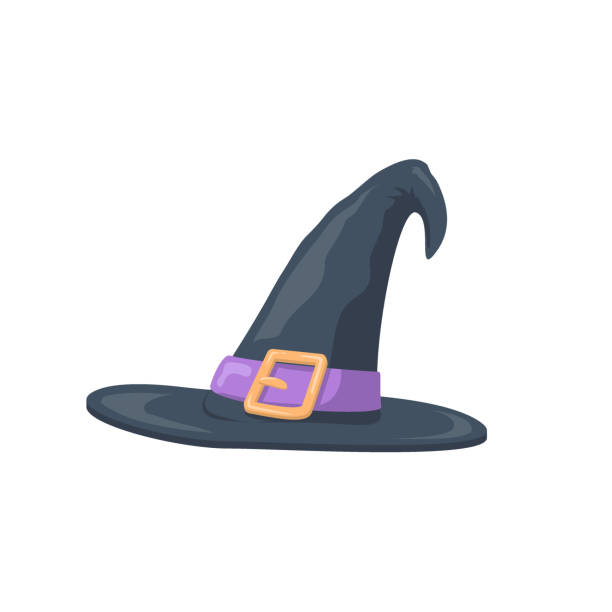 istock Witch hat. Halloween holiday symbol. Black hat with fiodet strap and yellow buckle. Element for your design. Vector illustration. Autumn print. 1331484485