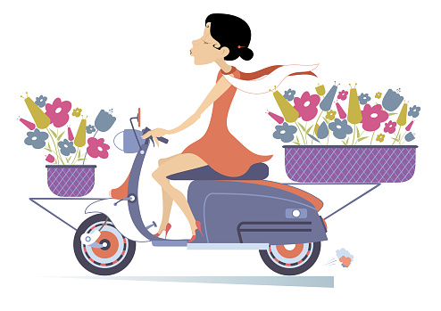 Pretty young woman, a scooter and bouquets of flowers illustration
