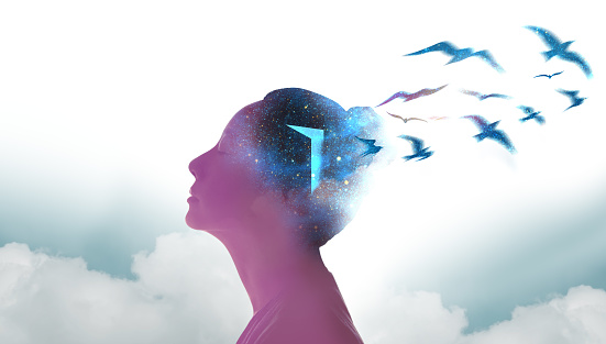 Mental Health, Freedom, Imagination and Creativity Concept. Silhouette photo of Woman combined with shape of Opened Door and Birds. Positive Mind, Peaceful, Enjoying and Life Philosophy.Space Element from Nasa