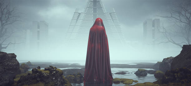 istock Futuristic Sci Fi Evil Red Spirit Ghost Woman Figure Looking Over Its Shoulder in Alien Landscape Mysterious Foggy Abandoned Brutalist Architecture 1331488604