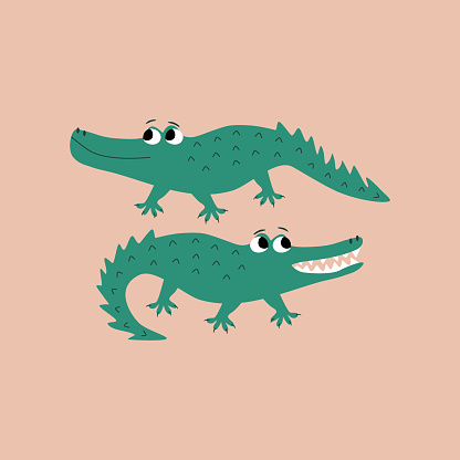 Cute green crocodiles with funny eyes. Isolated alligators on a pink background. Baby character in flat style. Animals hand drawn vector illustration.