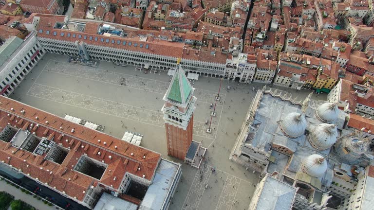 Drone flying over Piazza San Marco (St Mark Square) in Venice, Italy, Europe