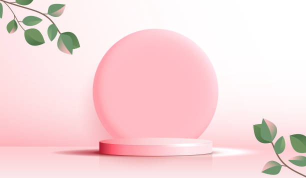 istock Cosmetic pink background and premium podium display for product presentation branding and packaging. studio stage with cloud and leaf on background. vector design 1331494831