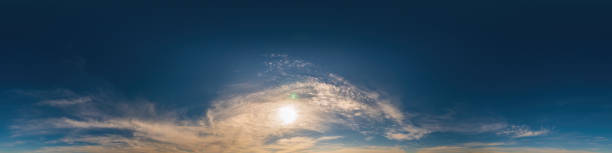 istock Dark blue sunset sky pano with Cirrus clouds. Seamless hdr panorama in spherical equirectangular format. Complete zenith for 3D visualization, game and sky replacement for aerial drone 360 panoramas 1331494948