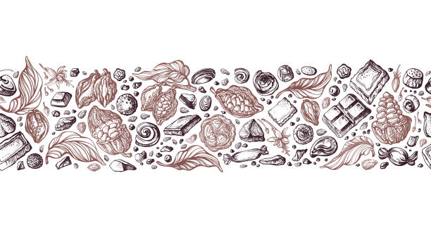 ilustraciones, imágenes clip art, dibujos animados e iconos de stock de borde sin costuras de cacao. patrón vectorial dibujado a mano - chocolate