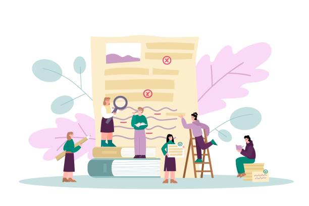 Grammar editor banner with people correcting text, flat vector illustration. Grammar editor banner with tiny people correcting text and checking spellings. Storytelling and copywriting, seo, flat vector illustration isolated on white background. proof reading documents stock illustrations