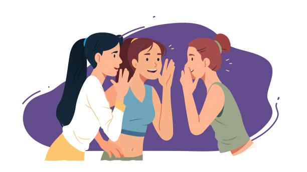 ilustrações de stock, clip art, desenhos animados e ícones de young women gossip, tattle, whispering excitedly. friends sharing secrets. girl person chatting covering mouth, gossiping, discussing rumors together. communication privacy flat vector illustration - three people women teenage girls friendship
